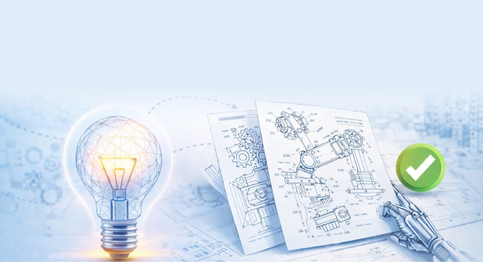 Patent drawings, a lightbulb and an approval mark